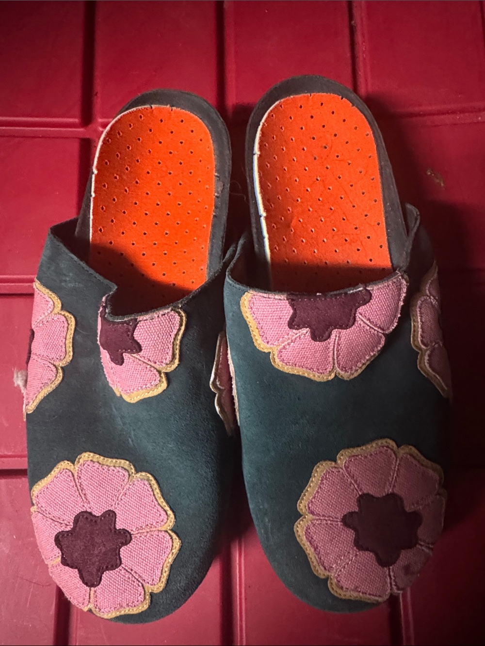 Chelsea & Violet Teal Slip-On Floral Appliqué Mules with Pink Flowers